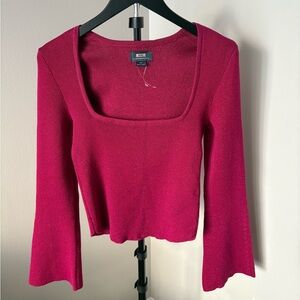 Anthropologie Women's Metallic Dark Pink Square Neck Sweater with Bell Sleeves